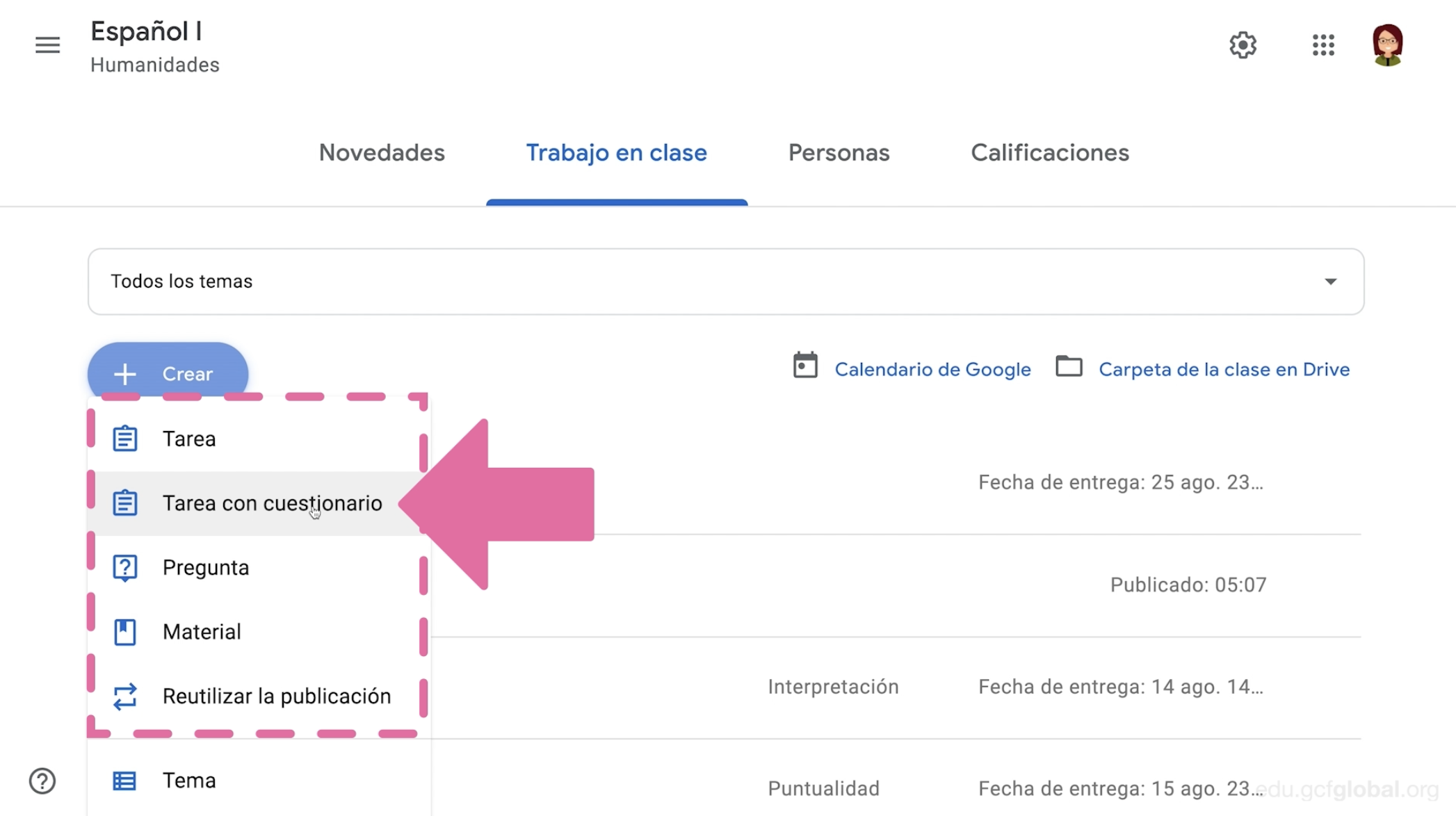 Elegir opción Tarea con cuestionario como tarea por realizar en Google Classroom